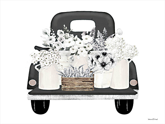 lettered & lined LET1270 - LET1270 - Truckload of Flowers   - 16x12 vintage black truck, monochrome flower arrangement, rustic floral display, neutral tones, grayscale home decor, truck rear floral art from Penny Lane