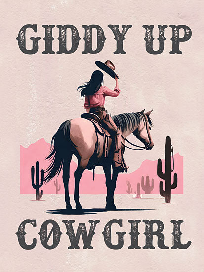 lettered & lined LET1278 - LET1278 - Giddy Up Cowgirl - 12x16 cowgirl riding horse, desert background, pink western outfit, giddy up quote, wild west theme, cactus landscape, feminine cowboy art from Penny Lane