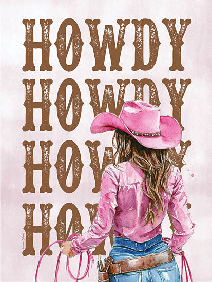 lettered & lined LET1284 - LET1284 - Howdy Cowgirl II - 12x16 cowgirl back view, lasso, pink hat and shirt, howdy text repeat, rustic western design, rodeo girl, country fashion art from Penny Lane