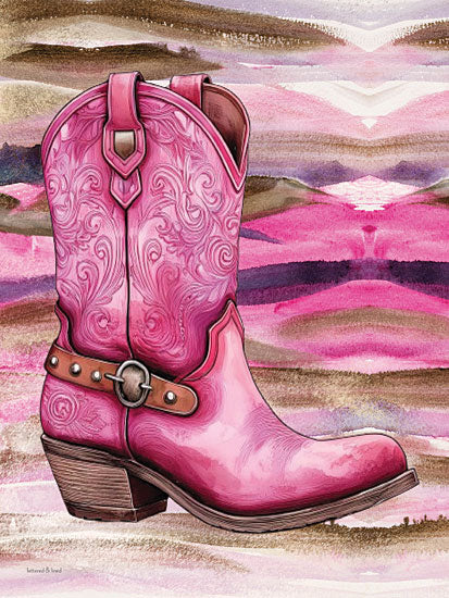 lettered & lined LET1299 - LET1299 - Hot Pink Boot - 12x16 pink cowboy boot, watercolor, fashion illustration, detailed leather pattern, decorative boot, pink desert background, single boot art from Penny Lane