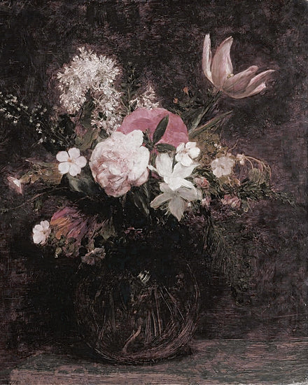 lettered & lined LET1384 - LET1384 - Enduring Blooms   - 12x16 floral arrangement, dark background, moody, oil painting style, vintage, flowers, roses, tulips, lilacs, white flowers from Penny Lane