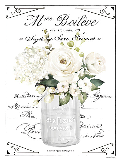 lettered & lined LET1438 - LET1438 - Aux Fleurs - 12x16 french floral advertisement, savon aux fleurs d'alsace, vintage paris script, white ranunculus bouquet, glass jar vase, farmhouse floral decor, antique typography, neutral botanical art from Penny Lane