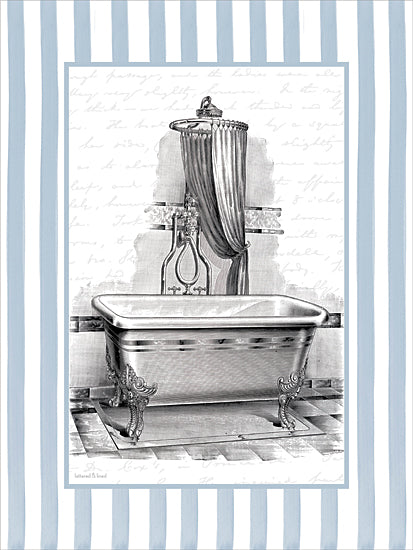 lettered & lined LET1470 - LET1470 - Vintage Tub - 12x16 vintage bathroom bathtub print, clawfoot tub, shower curtain, blue vertical stripes, pale script background, antique plumbing illustration, black and white engraving style, bath wall decor, cottage bathroom art, decorative framed print from Penny Lane
