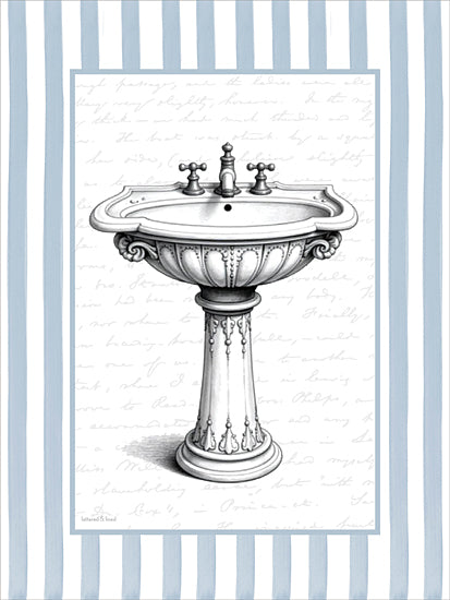 lettered & lined LET1471 - LET1471 - Vintage Sink - 12x16 vintage toilet illustration, high tank toilet, pull chain plumbing, toilet paper holder, antique bathroom fixture, black and white engraving, pale blue striped border, script paper background, bath wall art, whimsical bathroom decor from Penny Lane