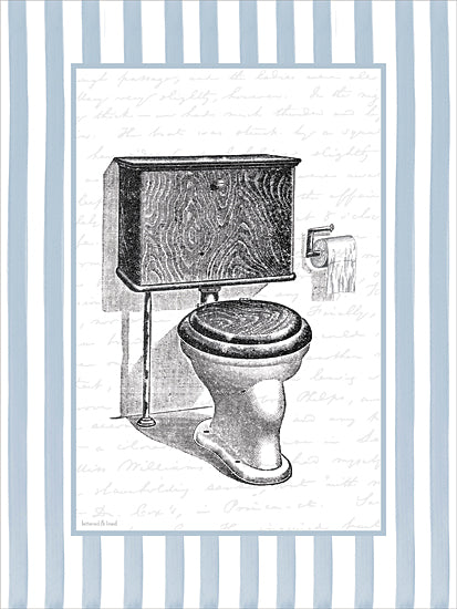 lettered & lined LET1472 - LET1472 - Vintage Toilet - 12x16 antique utility sink illustration, wall mounted faucets, wash basin, tiled bathroom floor, vintage plumbing fixture, black and white engraved style, pale blue striped border, script background, bath or laundry room decor, cottage farmhouse art from Penny Lane