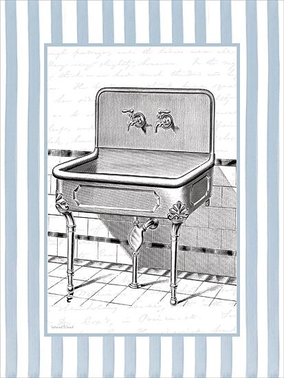 lettered & lined LET1473 - LET1473 - Vintage Wash Basin - 12x16 ornate clawfoot bathtub illustration, decorative tub, vintage bath fixture, black and white engraved line art, blue horizontal stripe background, pale script paper, antique bathroom decor, elegant feminine wall art, cottage bath print from Penny Lane
