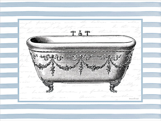 lettered & lined LET1474 - LET1474 - Vintage Clawfoot Bathtub - 16x12 vintage perfume bottles, ornate glass decanters, black and white line drawing, pale blue striped background, script paper texture, feminine vanity decor, elegant bath art, decorative still life, antique French boudoir style from Penny Lane