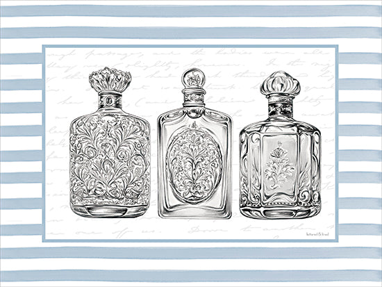 lettered & lined LET1475 - LET1475 - Vintage Perfume Bottles - 16x12 French bath typography print, Salle de Bain, pedestal sink, Paris, Chatellerault, vintage stamps, ornate scrollwork, pale green striped border, French script, elegant bathroom wall art, feminine decorative print, antique washroom sign from Penny Lane