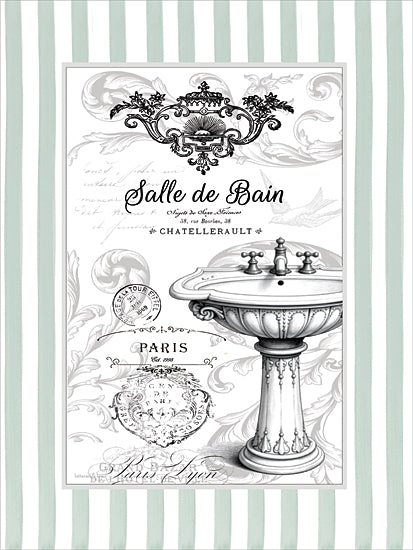 lettered & lined LET1483 - LET1483 - Salle de Bain - 12x16 French bathtub typography print, La Baignoire, clawfoot tub, Paris stamp, Marseille script, pale green stripes, vintage French bath decor, ornamental scrolls, feminine bathroom wall art, antique typography, decorative washroom sign from Penny Lane