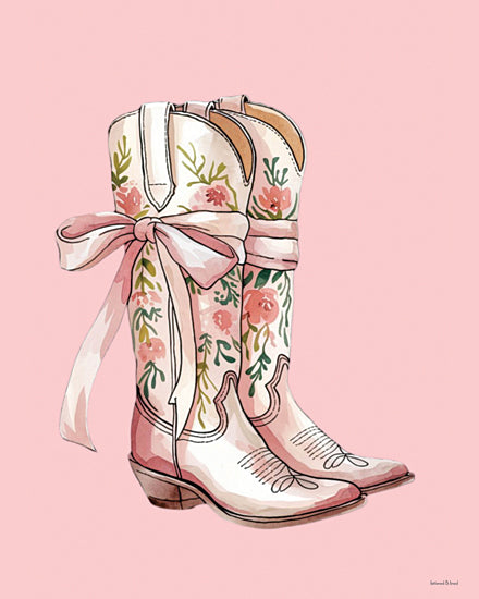 lettered & lined LET1522 - LET1522 - Bow Boots      - 12x16 floral cowboy boots, ribbon laced boots, pink background, western fashion, hand-drawn illustration, cowgirl style, vintage charm from Penny Lane