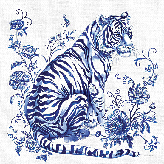 lettered & lined LET1563 - LET1563 - Chinoiserie Tiger - 12x12 blue tiger illustration, chinoiserie tiger, floral wildlife art, decorative big cat, botanical pattern background, wildlife wall art, detailed linework, exotic animal decor from Penny Lane