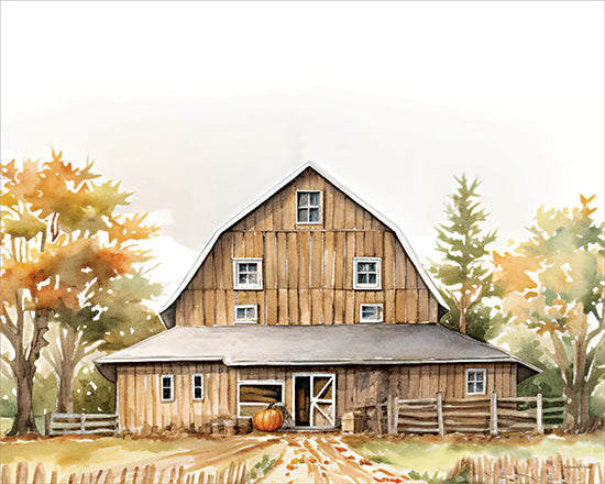 lettered & lined LET1634 - LET1634 - Countryside in Autumn - 16x12 watercolor autumn barn landscape rustic wooden barn pumpkin dirt path countryside fall foliage rural farm scene warm autumn colors pastoral country setting harvest season from Penny Lane