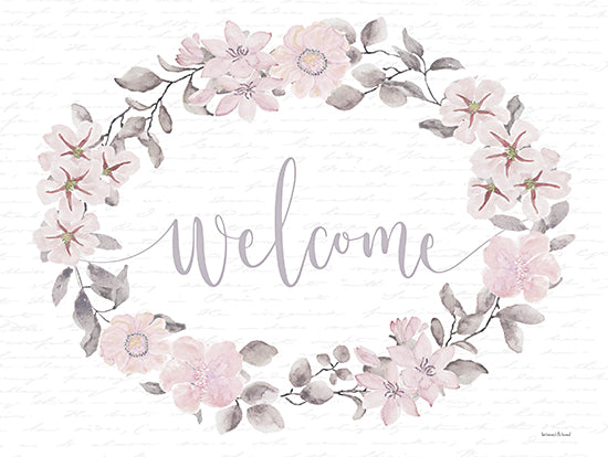 lettered & lined LET581 - LET581 - Welcome    - 16x12 welcome wreath, watercolor flowers, pink blossoms, floral garland, elegant entrance art, soft pastels from Penny Lane