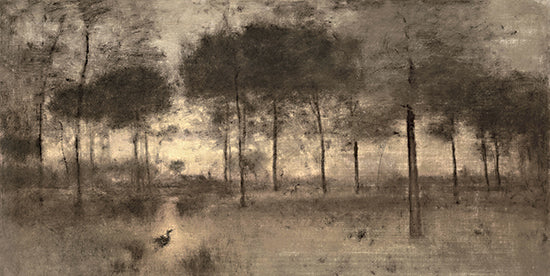 lettered & lined LET878 - LET878 - Sunshower   - 18x9 forest art, trees silhouette, muted forest, twilight landscape, woodland scene, nature painting, tranquil woods, atmospheric art from Penny Lane