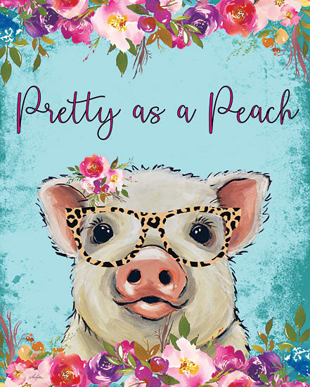 Lee Keller LK210 - LK210 - Pretty as a Peach Pig   - 12x16 cute pig with leopard glasses, floral crown border, pretty as a peach, humorous farm animal art, whimsical pig portrait, bold and fun style from Penny Lane