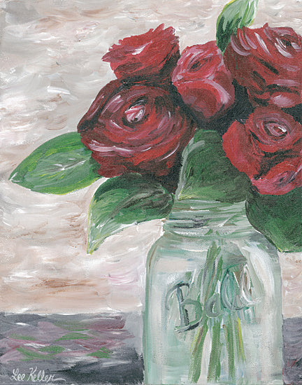 Lee Keller LK294 - LK294 - Farm Fresh Roses - 12x16 red roses, glass mason jar, bright green leaves, brush strokes, rustic background, floral still life, hand-painted texture, soft pastel sky, Ball jar logo from Penny Lane