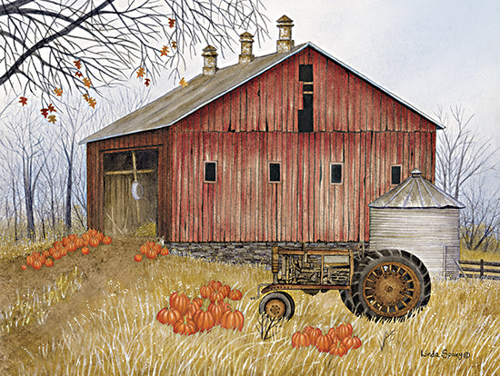 Linda Spivey LS1922 - LS1922 - Old Red Barn - 16x12 red barn, vintage tractor, fall pumpkins, bare trees, farmhouse scene, harvest, rustic countryside, grain silo, autumn leaves from Penny Lane
