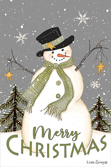 Linda Spivey LS1923 - LS1923 - Merry Christmas Snowman - 12x18 merry christmas greeting, snowman illustration, green scarf, falling snow, festive trees, cartoon winter, holiday card design from Penny Lane