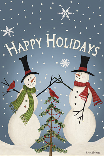 Linda Spivey LS1924 - LS1924 - Happy Holidays Snowmen - 12x18 happy holidays snowmen, festive winter scene, cardinals in snow, decorated tree, family holiday art, seasonal cheer from Penny Lane