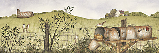 Linda Spivey LS1925 - LS1925 - Mail Call - 36x12 rural landscape, countryside, farm, barn, birds on fence, bird nest in mailbox, rusty mailboxes, rolling hills, nature, nostalgic countryside, watercolor style from Penny Lane