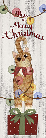 Linda Spivey LS1937 - LS1937 - Meowy Christmas - 12x36 christmas cat wrapped in string lights holiday kitten cute pet festive watercolor rustic wood background merry christmas text from Penny Lane