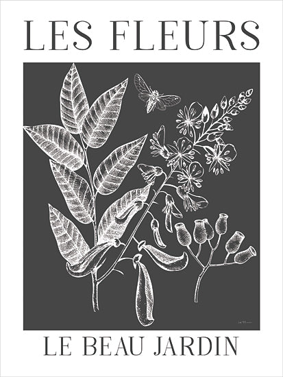 Lux + Me Designs LUX1119 - LUX1119 - Les Fleurs - 12x18 botanical print, french floral sign, black chalkboard background, white plant illustration, vintage botanical drawing, les fleurs, le beau jardin, insect sketch, garden art from Penny Lane