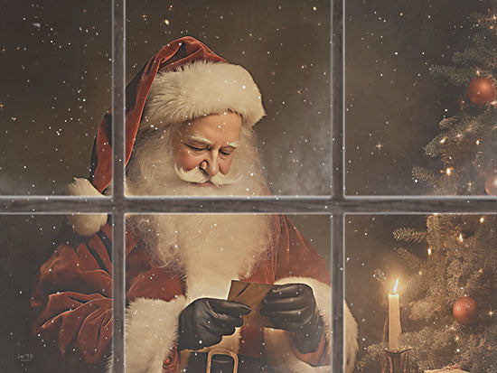 Lux + Me Designs LUX1133 - LUX1133 - Sneaking Up on Santa    - 16x12 santa claus, looking at letter, christmas scene, candle light, snowfall, vintage christmas card, holiday cheer, classic santa, warm glow, christmas tree from Penny Lane