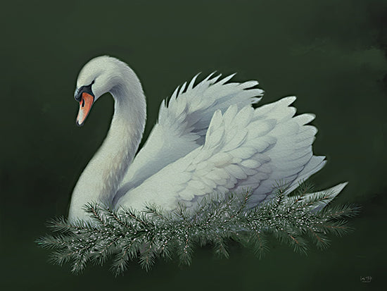 Lux + Me Designs LUX1153 - LUX1153 - Christmas Swan - 16x12 swan art, elegant bird, pine accent, graceful animal, seasonal wildlife, green tones, holiday swan from Penny Lane