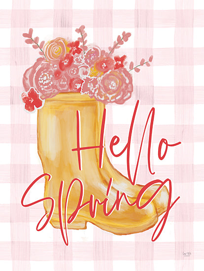 Lux + Me Designs LUX766 - LUX766 - Hello Spring     - 12x16 hello spring, yellow rain boot, spring flowers, floral bouquet, watercolor style, seasonal greeting, pink flowers, garden theme, playful decor from Penny Lane