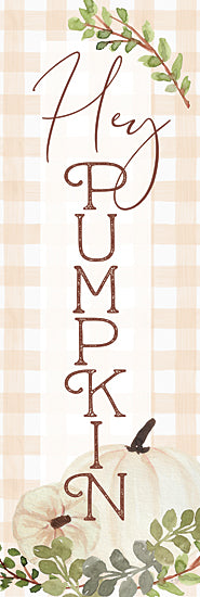 Lux + Me Designs LUX869 - LUX869 - Hey Pumpkin - 36x12 hey pumpkin, autumn greeting, vertical design, green pumpkin, foliage, watercolor illustration, rustic plaid background from Penny Lane