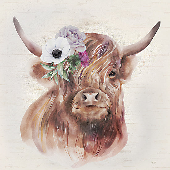 Lux + Me Designs LUX883 - LUX883 - Penny the Highland Cow I - 12x12 highland cow, watercolor portrait, floral crown, country animal, rustic, farm animal artwork from Penny Lane