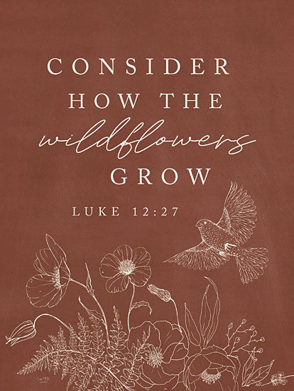 Lux + Me Designs LUX934 - LUX934 - Consider How the Wildflowers Grow - 12x16 bible verse, Luke 12:27, wildflowers, faith, red background, floral line drawing, chalkboard style, scripture art from Penny Lane