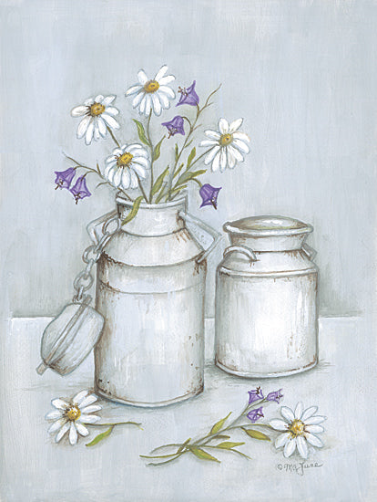 Mary Ann June MARY656 - MARY656 - The Milkmaid's Bouquet II - 12x16 white daisies, purple bellflowers, milk jugs, rustic container, vintage style, pastel artwork, country charm, floral still life, light blue tones from Penny Lane