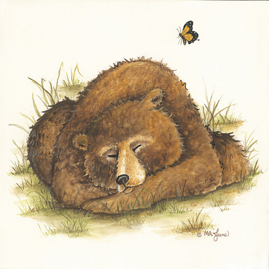 Mary Ann June MARY658 - MARY658 - The Bear and the Butterfly - 12x12 curled sleeping bear, grassy patch, orange butterfly, peaceful animal, rustic wildlife, tranquil setting, country decor, animal painting from Penny Lane