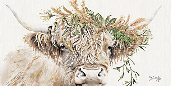 Marla Rae MAZ5893 - MAZ5893 - Wheat Crown Highland - 18x9 Highland cow portrait, shaggy cow, long horns, botanical crown, wheat, grasses, greenery, natural wreath, neutral background, rustic farmhouse animal, boho floral cow, gentle expression, watercolor look, soft cream tones, country wall art, farm animal decor from Penny Lane
