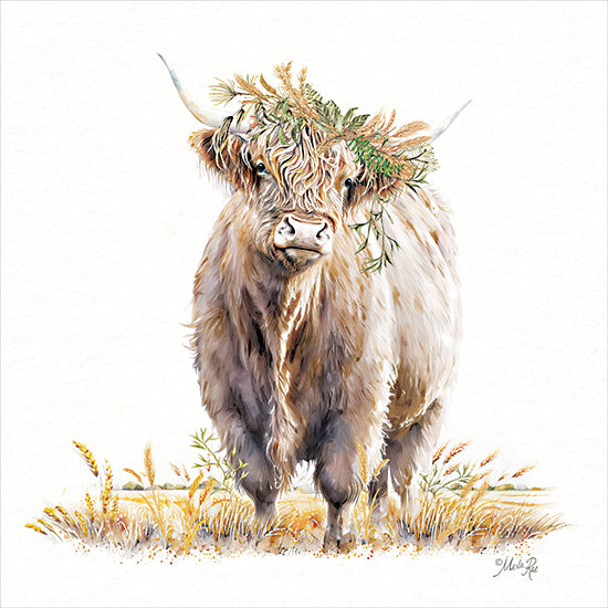 Marla Rae MAZ5919 - MAZ5919 - Ollie - 12x12 highland cow, floral crown, white background, rustic animal, farm animal portrait, natural horns, neutral tones, artistic livestock from Penny Lane