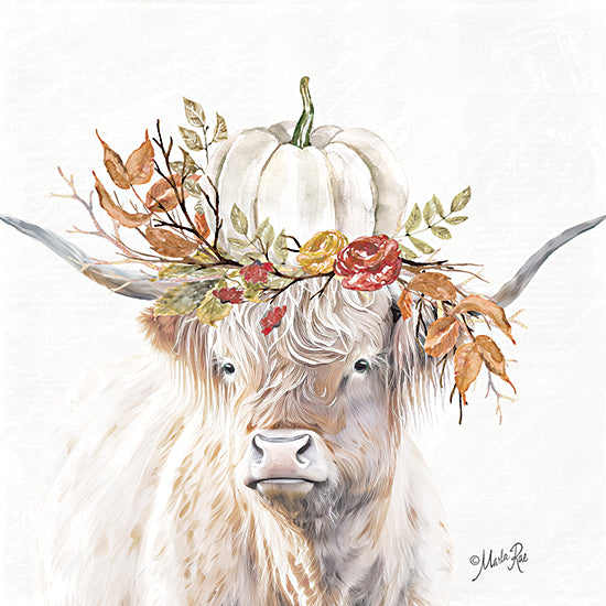 Marla Rae MAZ5934 - MAZ5934 - Harvest Highland - 12x12 Highland cow fall portrait, white pumpkin crown, autumn leaves, red flowers, branches, long horns, shaggy cow, harvest decor, Thanksgiving farmhouse style, warm seasonal palette, rustic autumn animal illustration from Penny Lane