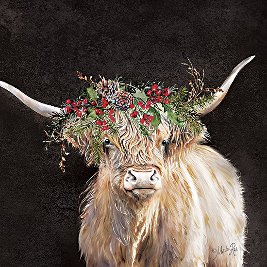 Marla Rae MAZ5985 - MAZ5985 - Ruddy Christmas Highland    - 12x12 Highland cow on black background, Christmas greenery crown, red berries, pinecones, holly, evergreen branches, long horns, rustic winter animal, dark moody farmhouse decor, festive holiday cow portrait from Penny Lane