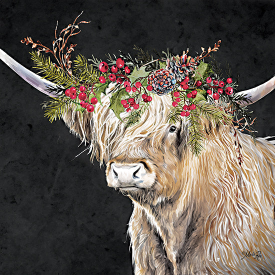 Marla Rae MAZ5986 - MAZ5986 - Dasher Christmas Highland   - 12x12 Highland cow side portrait, dark background, red berry wreath, pinecones, evergreen branches, holly leaves, long horns, shaggy fur, holiday farmhouse animal, dramatic Christmas decor, rustic winter botanical crown from Penny Lane