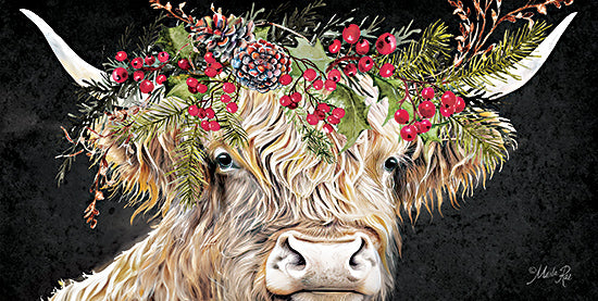 Marla Rae MAZ5988 - MAZ5988 - Red Berry Christmas Highland II   - 12x12 Highland cow close-up, black background, festive evergreen crown, red berries, pinecones, holly leaves, long white horns, shaggy bangs, dramatic holiday portrait, rustic Christmas farmhouse wall art, winter animal decor from Penny Lane
