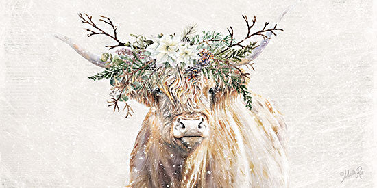 Marla Rae MAZ6010 - MAZ6010 - Ruddy's Winter Crown   - 18x9 Highland cow winter portrait, snowy white background, evergreen crown, bare branches, white poinsettias, pinecones, snowflakes, long horns, shaggy cow, holiday farmhouse animal, rustic Christmas winter decor from Penny Lane