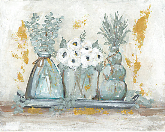 Mackenzie Kissell MKA140 - MKA140 - Glass Floral Trio - 16x12 vintage mason jar vases, white flowers, eucalyptus and herbs, rustic still life, teal and gold tones, cottage decor, country floral painting, farmhouse arrangement from Penny Lane