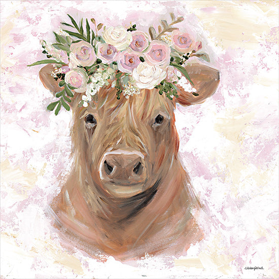 Mackenzie Kissell MKA181 - MKA181 - Highland Floral Calf - 12x12 cow, floral crown, farm animal, rustic, nature, barnyard, whimsical, countryside, flower headpiece, animal portrait, pink flowers, greenery from Penny Lane