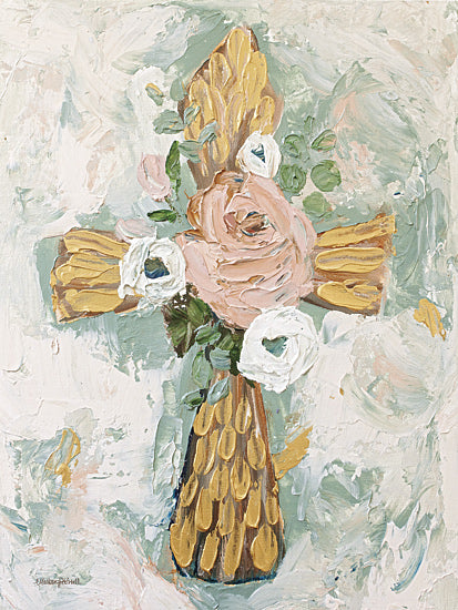 Mackenzie Kissell MKA201 - MKA201 - Floral Cross - 12x16 cross, floral, religious, Christian art, gold accents, pink flowers, symbolism, texture, spiritual, faith, uplifting from Penny Lane