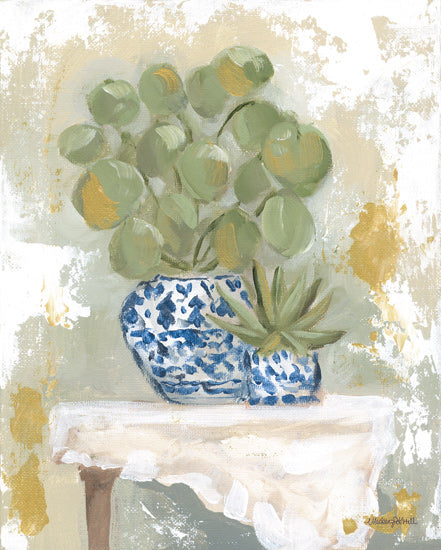 Mackenzie Kissell MKA212 - MKA212 - Chinoiserie Potted Plants   - 12x16 greenery, potted plants, decorative blue vase, table decor, indoor garden, botanical art, painterly style, farmhouse aesthetic, neutral background from Penny Lane