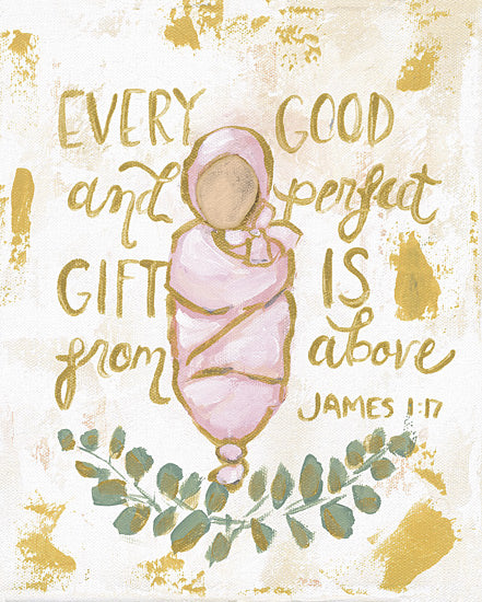 Mackenzie Kissell MKA229 - MKA229 - Every Good and Perfect Gift - Girl   - 12x16 scripture, religious, baby, faith, inspirational, Christian, Bible verse, hand lettering, gift, nursery, pink, gold from Penny Lane