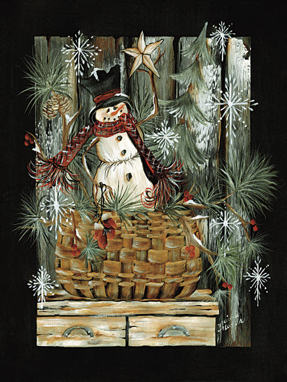 Michele Musser MM304 - MM304 - Snowman in Basket - 12x16 cheerful snowman in basket, rustic Christmas scene, plaid scarf and hat, pine trees and snowflakes, holiday folk art, snowy woodland decor from Penny Lane