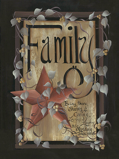 Michele Musser MM318 - MM318 - Family with Star - 12x16 Family typography, red star, vines, caring quote, rustic wooden background from Penny Lane