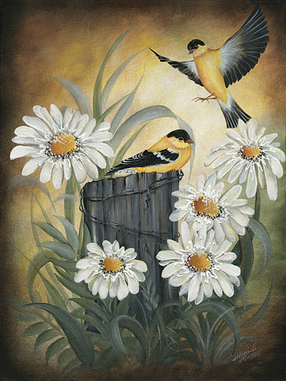 Michele Musser MM333 - MM333 - Gold Finches - 12x16 goldfinch birds, white daisies, barbed wire, rustic fence post, natural setting, realistic painting, vivid color gradient background, springtime wildlife from Penny Lane