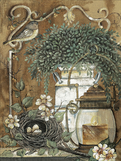 Michele Musser MM354 - MM354 - Garden Table - 12x16 bird's nest with eggs, small brown bird, flowering vines, rustic watering can, oil lamp, vintage botanical theme, textured background from Penny Lane
